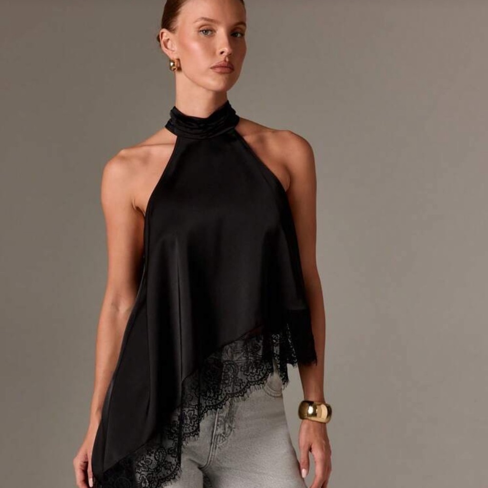 AiiRZ Women Sleeveless High Neck Lace Trim Asymmetric Satin Top Evening - Picture 4 of 4